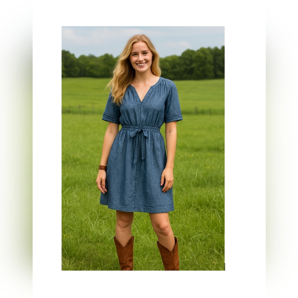 NWT French Connection 100% Cotton Blue Denim Dress with Waist Tie